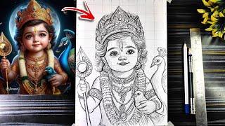 How To Draw Lord Kartikeya Murugan With Grid Method, Lord Murugan Drawing Pencil, Kartik Thakur