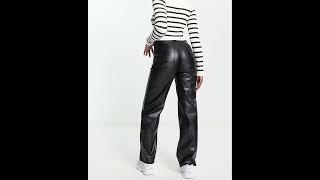 PIMKIE Shiny High Waisted Faux Leather Straight Leg Trousers Pants Black Women | Asos