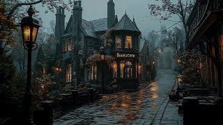 Dark Academia and Eerie Ambience - A Cozy Bookshop in the Gloom - Eerie Old Town Ambience with Rain