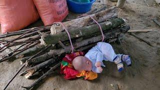 Single Mother - Picking up rice straw to make vegetable garden