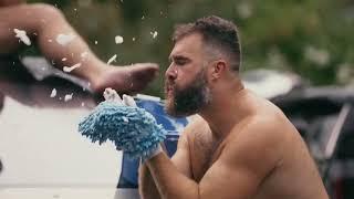  Funny Jason Kelce Garage Beer Commercial with Tesla Cybertruck & former Eagles teammate