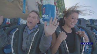 WGN's Marcus Leshock and Lauren Jiggetts ride new Sky Striker at Six Flags Great America