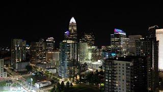 4k drone footage Charlotte North Carolina at night.