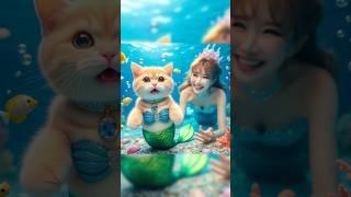 Kitten met a mermaid at the sea ️ #cat #cute #ai #catstory