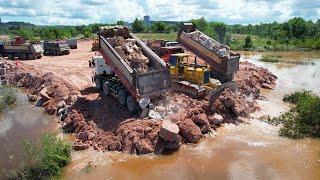 Ep33 -Fantastic Fastest Skills Machines Operator on Land Filling dozer pushing Rock with Dump Truck