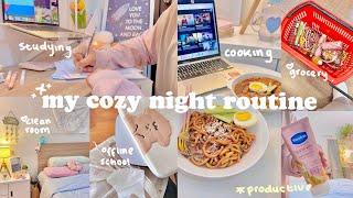 MY COZY NIGHT ROUTINEgrocery,offline class,unboxing,editing,studying at home,cooking & productive