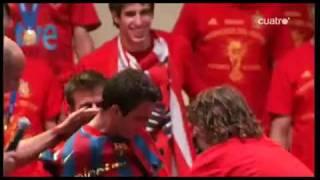 Cesc Fabregas Forced To Wear Barca/Barcelona Shirt by Piqué & Puyol at World Cup Celebration 2010