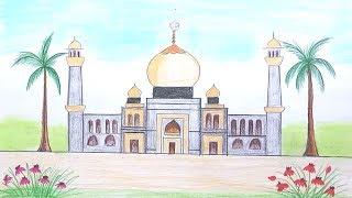 How to draw scenery of Mosque step by step