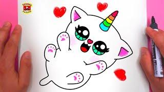 Cum se Deseneaza o PISICA UNICORN Dragalasa PAS CU PAS  HOW TO DRAW EASY CUTE CAT UNICORN RAINBOW