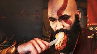 Kratos eating food in Monster Hunter Wilds