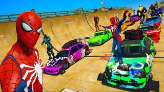 Homem Aranha e Heróis com Carros Epic Double Ramp New Challenge GTA V SPIDER-MAN and Music