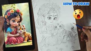 Cute Maa Durga Drawing, Maa Durga Drawing tutorial, Outline Tutorial PART 1