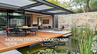 Modern Tropical Courtyard Home Design with Floating Deck & Natural Pond