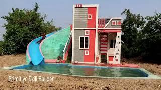 Build Most Amazing and Creative 2-Story Modern Style Mud House With Swimming Pool And water Slide