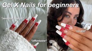 *no drill* Gel X Nails at home beginner friendly + easy sweater nail art design 