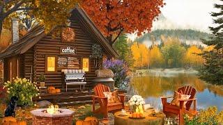 Autumn Cozy Cabin Porch by the Lake Ambience w/ Relaxing Birdsong, Campfire and Fall Nature Sounds