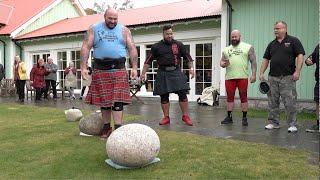 Worlds Strongest Men take on the 207kg Scottish Invercauld Stone lift challenge in Braemar, Scotland