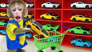 KiKi Monkey go shopping Hot Wheels Monster Truck & eat Rainbow Jelly with Duckling|KUDO ANIMAL KIKI