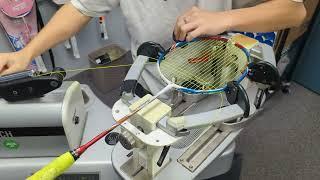 Badminton Racket Stringing - Yonex Arcsaber FD, top down view, 4 knots, not talking, ASMR