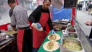 Fast Falafel Wrap maker at "Veg-as-You-Go": Jordan Street Food Stall at Lower Marsh Market, London.