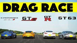 2024 Mercedes GT63 Coupe vs Nissan GTR vs Mercedes GTS Coupe vs Chevy Camaro ZL1. Drag and Roll Race