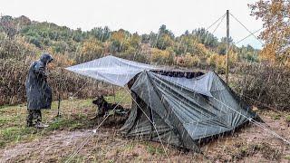 Camping in Heavy Rain with Hot Tent with 2 Rooms and Patio