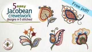 Beginner's Jacobean crewelwork embroidery tutorial using just 5 embroidery stitches +free design!