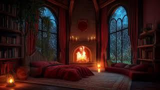 Cozy Medieval Castle Room Ambience - Rain, Thunder and Fireplace Sounds Therapy to Sleep Quickly