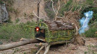 Build a warm and cozy secret shelter in a fallen tree for survival. Secret Cave, Bushcraft Camping