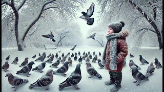 Child Watching Birds in Winter: Capturing Their Survival in Freezing Cold