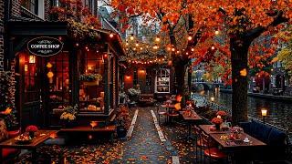 Unwind with Riverside Autumn Jazz - Cozy Fall Coffee Shop Ambience and Falling Autumn Leaves