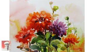 How To Paint Dahlias Flowers | Watercolor Painting Tutorial | Watercolour Flowers | Shahanoor Mamun