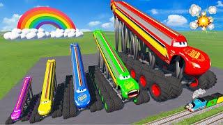 Big & Small, Long & Tall Lightning Mcqueen with Monster Truck Wheels vs Trains | BeamNG.Drive