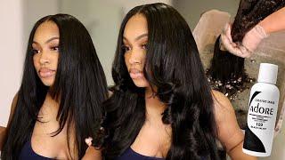 MINIMAL LEAVE OUT V-PART WIG INSTALL + Water Coloring Hair JET BLACK & Flat Iron Curls! | ft. UNICE