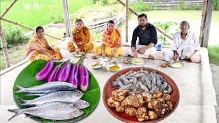 আজ দুপুরের রান্না আর খাওয়া বেগুন দিয়ে ইলিশ মাছ আর কচু দিয়ে চিংড়িমাছ সাথে গরম ভাত