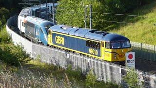 GBRf 69 010 with "New" Avanti West Coast 807 003 and 807 001 at Hitachi Factory 4/7/24