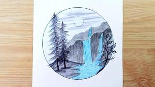 Easy Waterfall Drawing with Pencil Sketch | Drawing in Circle Scenery | M H Drawing360 #Drawing #3