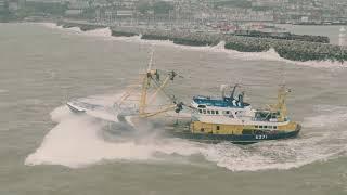 Julie of Ladram leaving Brixham Harbour during Storm Babet