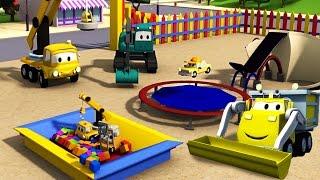 Construction Squad: Dump Truck, Crane and Excavator build a Trampoline for the babies in Car City