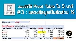 สอนวิธีใช้ Excel Pivot Table ใน 5 นาที : ตอนที่ 3 แสดงข้อมูลเป็นสัดส่วน % ด้วย Show Value As