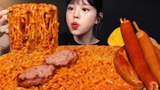 Spicy Carbo Buldak Noodles with Giant Sausage & Kielbasa Mukbang ASMR