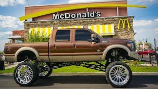 HUGE 20" LIFTED Ford F350 on 42's In TINY Drive Thru