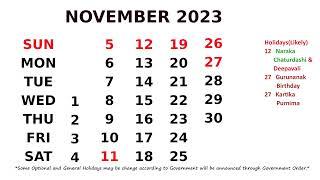 November Calendar 2023