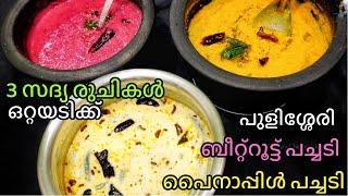 നിമിഷനേരകൊണ്ട് 3 സദ്യ കറികൾ ബീറ്റ്റൂട്ട് പച്ചടി പൈനാപ്പിൾ പച്ചടി പുളിശ്ശേരി ഒറ്റടിക്ക് onam special