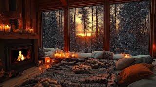 Tranquil Cabin Nights  Soft Jazz, Snowfall & Fireplace Sounds for Calm and Comfort