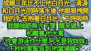 成親三年比不上他白月光一滴淚，和白月光同時落水後 他狠狠拽開我的手，他抱著白月光人工呼吸時 我腿抽筋無力下墜，醒來我遞上和離書 他大罵「你會游泳作什麼 阿水是我妹妹」下秒抄家聖旨到 他當場瘋了