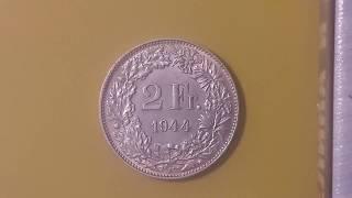 2 Франка Серебро Швейцария 1944 (2 francs 1944 Switzerland)