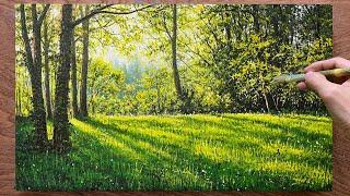 Landscape painting techniques with green tones / Forest landscape painting / Acrylic painting.