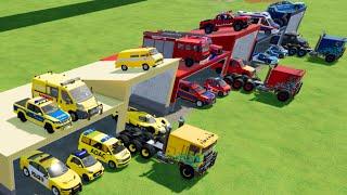 TRANSPORTING CARS, AMBULANCE, POLICE CARS, FIRE TRUCK OF COLORS! WITH TRUCKS! - FS 22