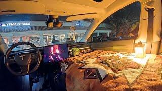 How To Stealth Camp In A Tesla To Save Money...In A Hotel Parking Lot
